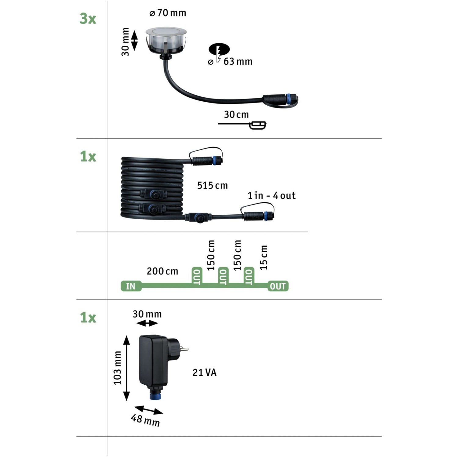Paulmann Floor Plug & Shine Set: 3 Bodeneinbaustrahler, Trafo, Kabel. Außenleuchten für Garten & Terrasse.