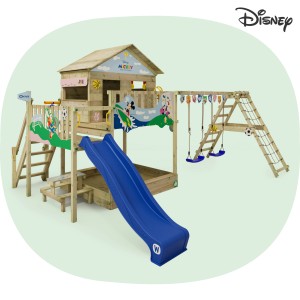 Blauer Wickey Disney Spielturm mit Rutsche, Schaukel und Klettergerüst für Kinder.