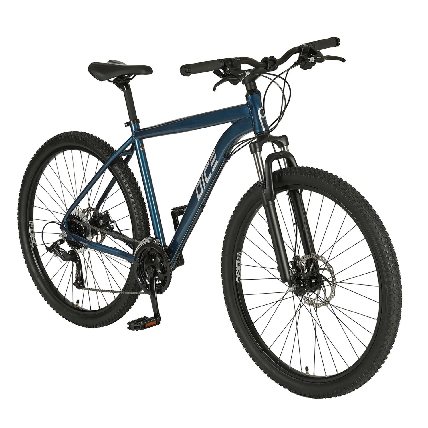 Aquamarinblaues Prophete Mountainbike Dice 100 MTB 29 Zoll mit Scheibenbremsen und Federgabel.