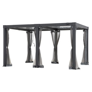 Sunjoy Netz für Matterhorn Multi-Pergola 306x406 cm, grau, an Terrassenüberdachung befestigt.