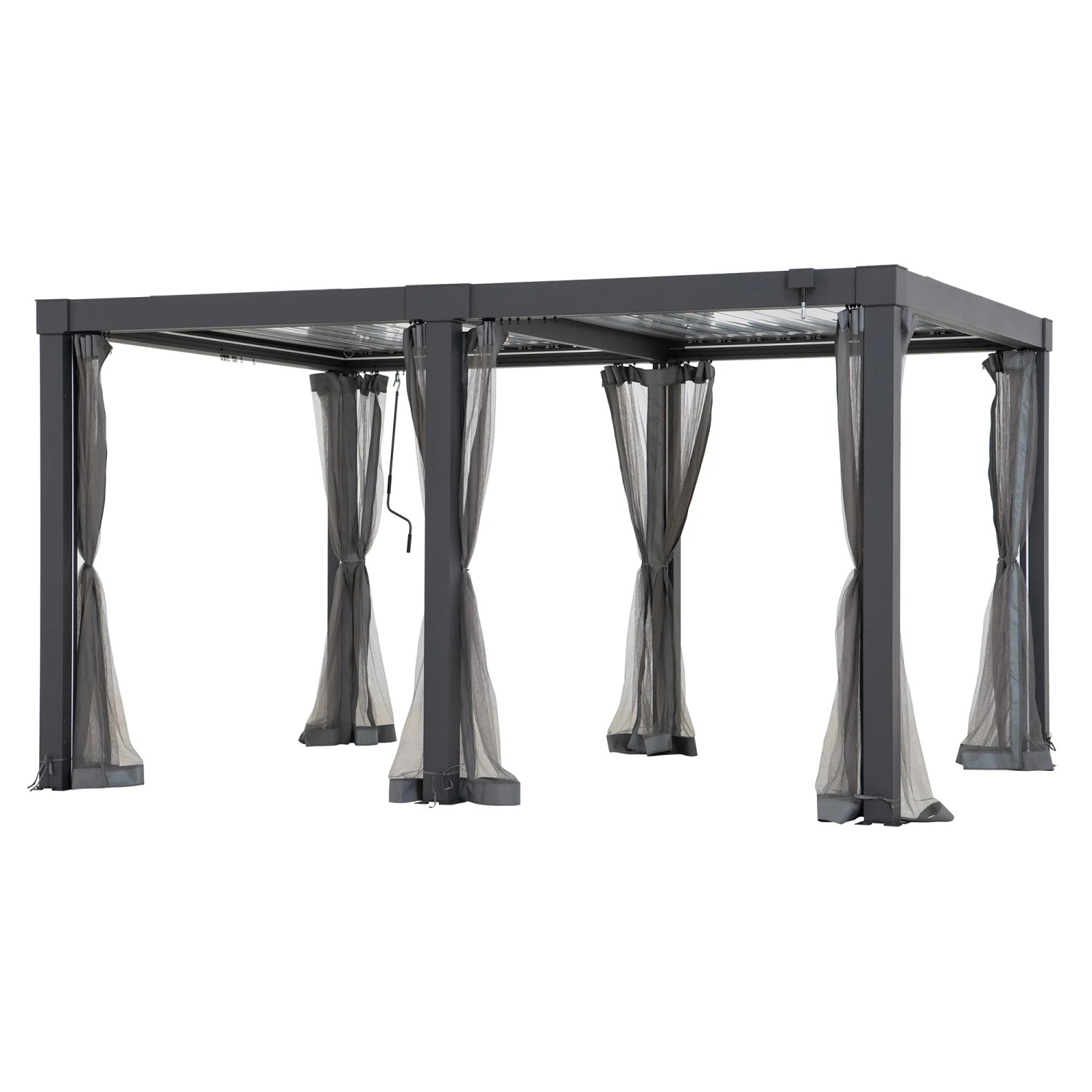 Sunjoy Netz für Matterhorn Multi-Pergola 306x406 cm, grau, an Terrassenüberdachung befestigt.