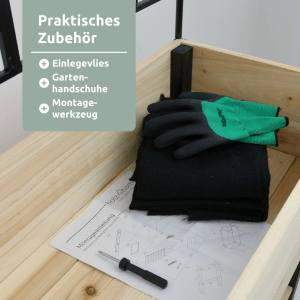Zubehör für holz4home Hochbeet: Vlies, Handschuhe, Werkzeug und Anleitung im Blumenkasten.