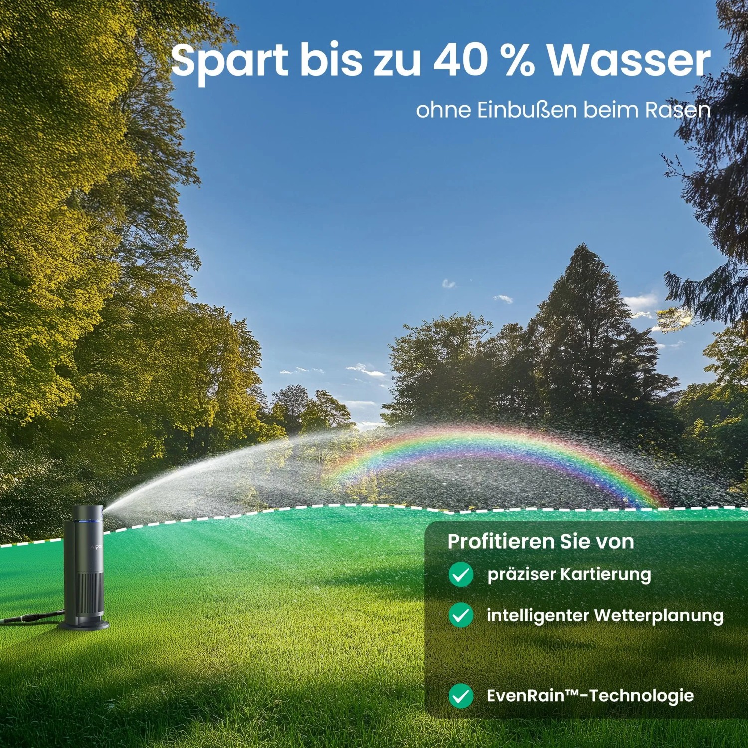 Aiper Irrisense 2 Bewässerungssystem im Einsatz: Regner mit Regenbogen auf Rasenfläche. Intelligente Gartenbewässerung.