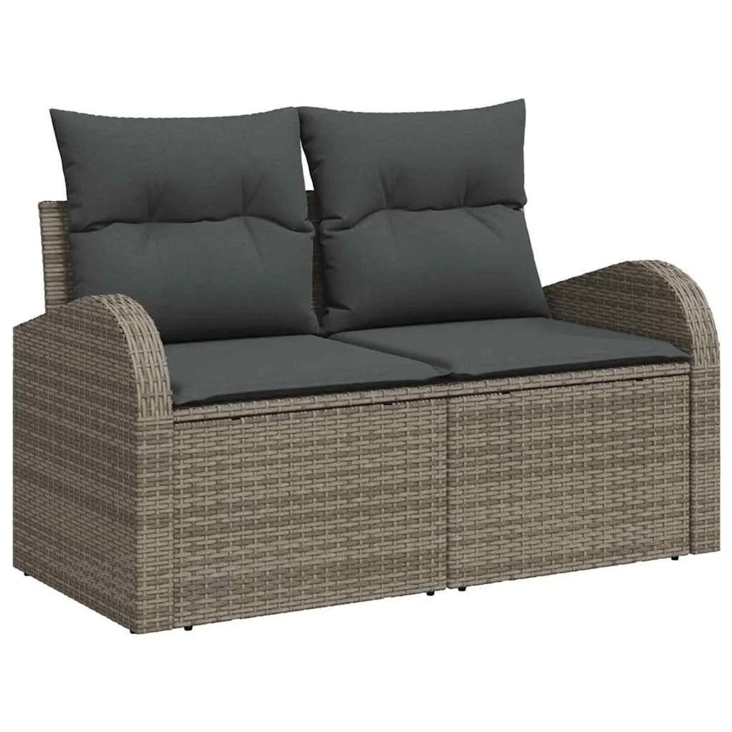 Graues vidaXL Garten-Sofa-Set aus Poly Rattan mit grauen Kissen für 2 Personen.