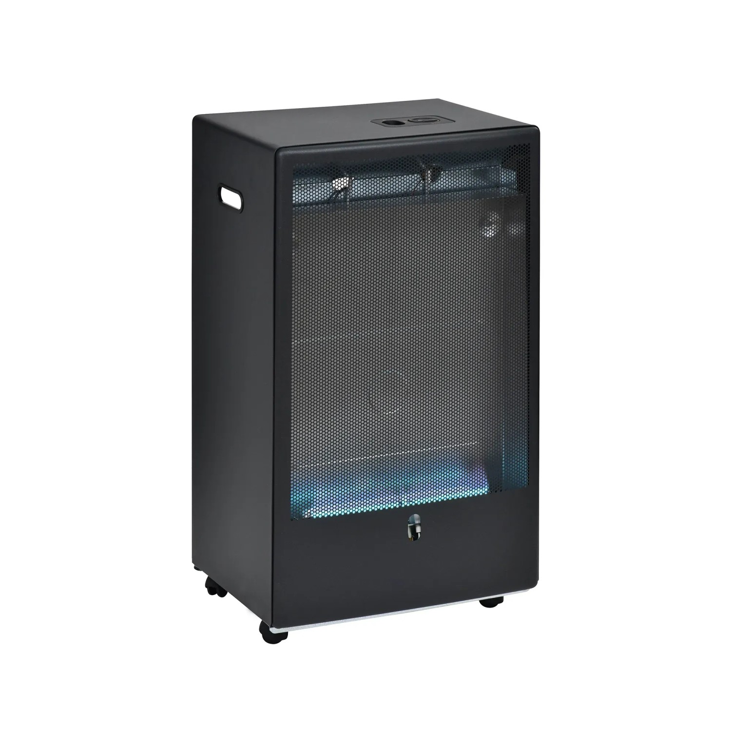 Schwarzer Firefix Gas-Heizofen 4200 Basic mit Rollen und Schutzgitter.