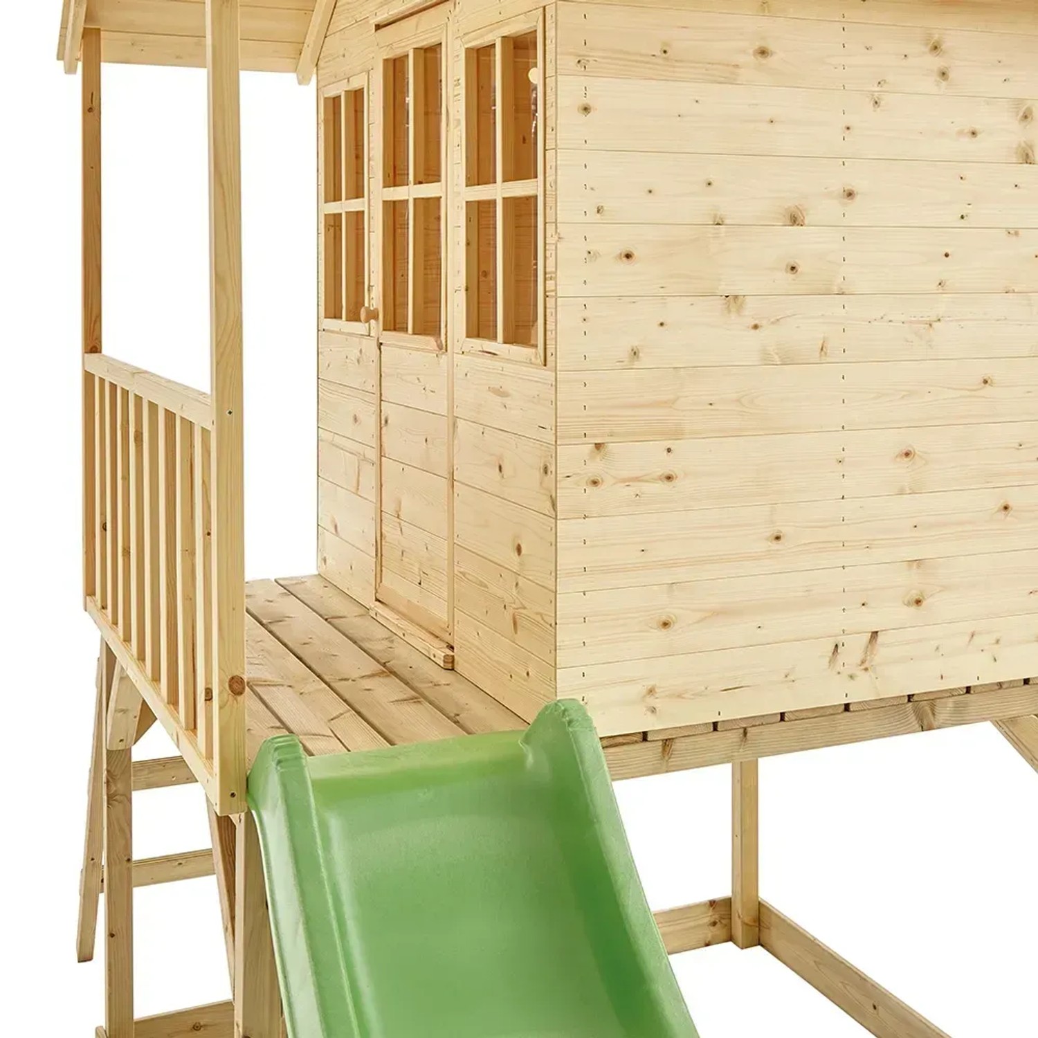 Holz-Spielhaus Wald mit Rutsche, naturbelassenes Holz, Veranda. Ideal für fantasievolles Spielen im Garten.
