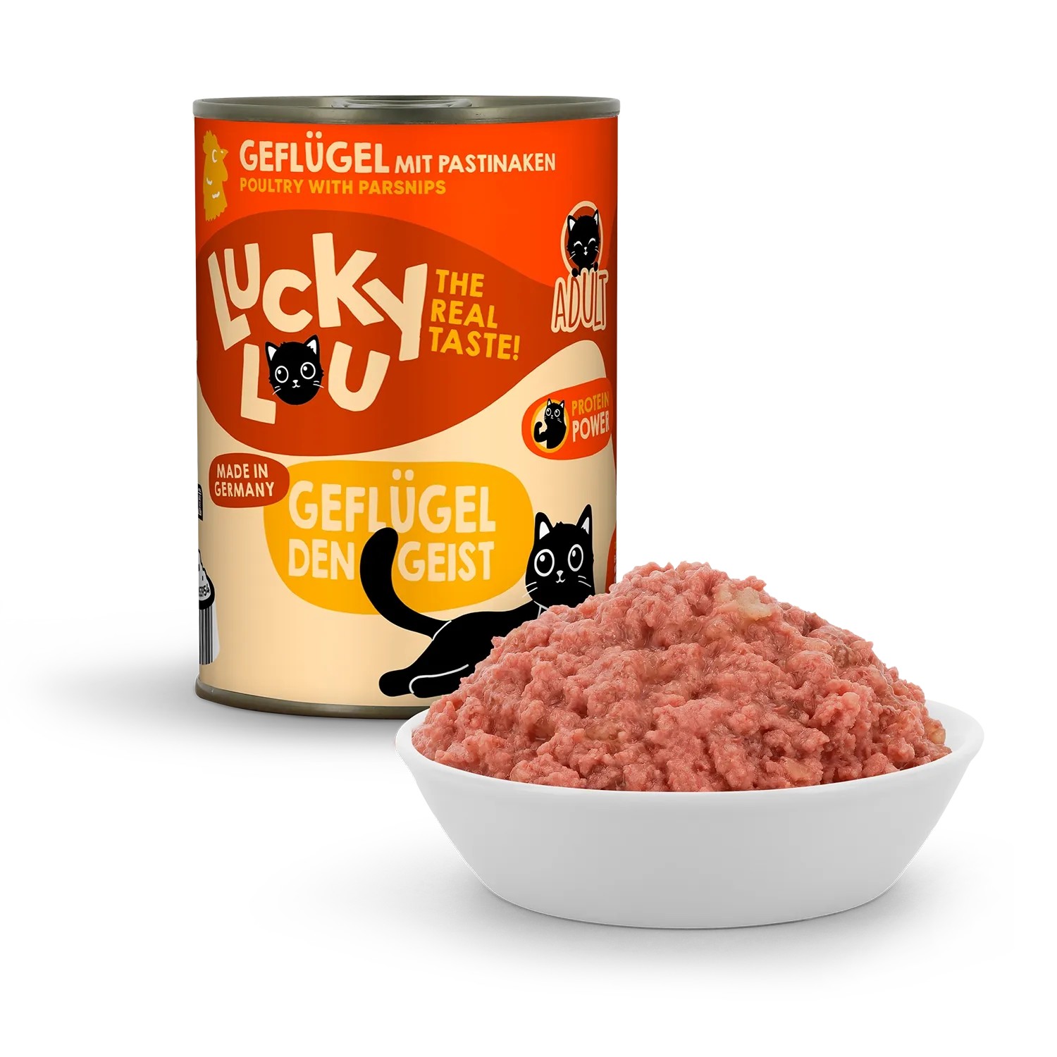Lucky Lou Katzen-Nassfutter Adult Geflügel, 400g Dose mit Futter in Schale.