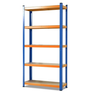 Blau-oranges Schwerlastregal KARAT mit 5 Böden, Traglast bis 1250 kg, ideal für Werkstatt und Lager.