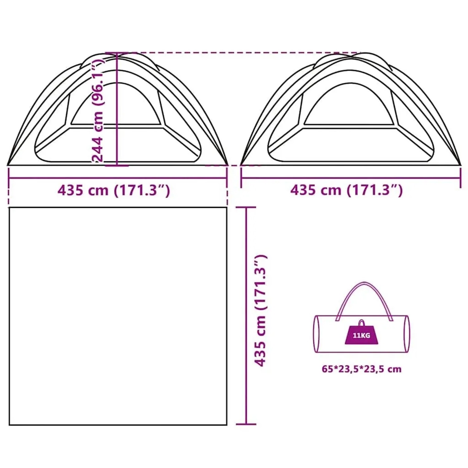 Maße des vidaXL Partyzelts: 435x435x244 cm. Packmaß 65x23,5x23,5 cm, Gewicht 11 kg. Diagramm für Pavillon.