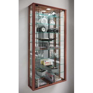 Wandhängende Vitrine VitrosaMaxi mit Spiegel, Glastüren und LED-Beleuchtung im Nussbaum Dekor.
