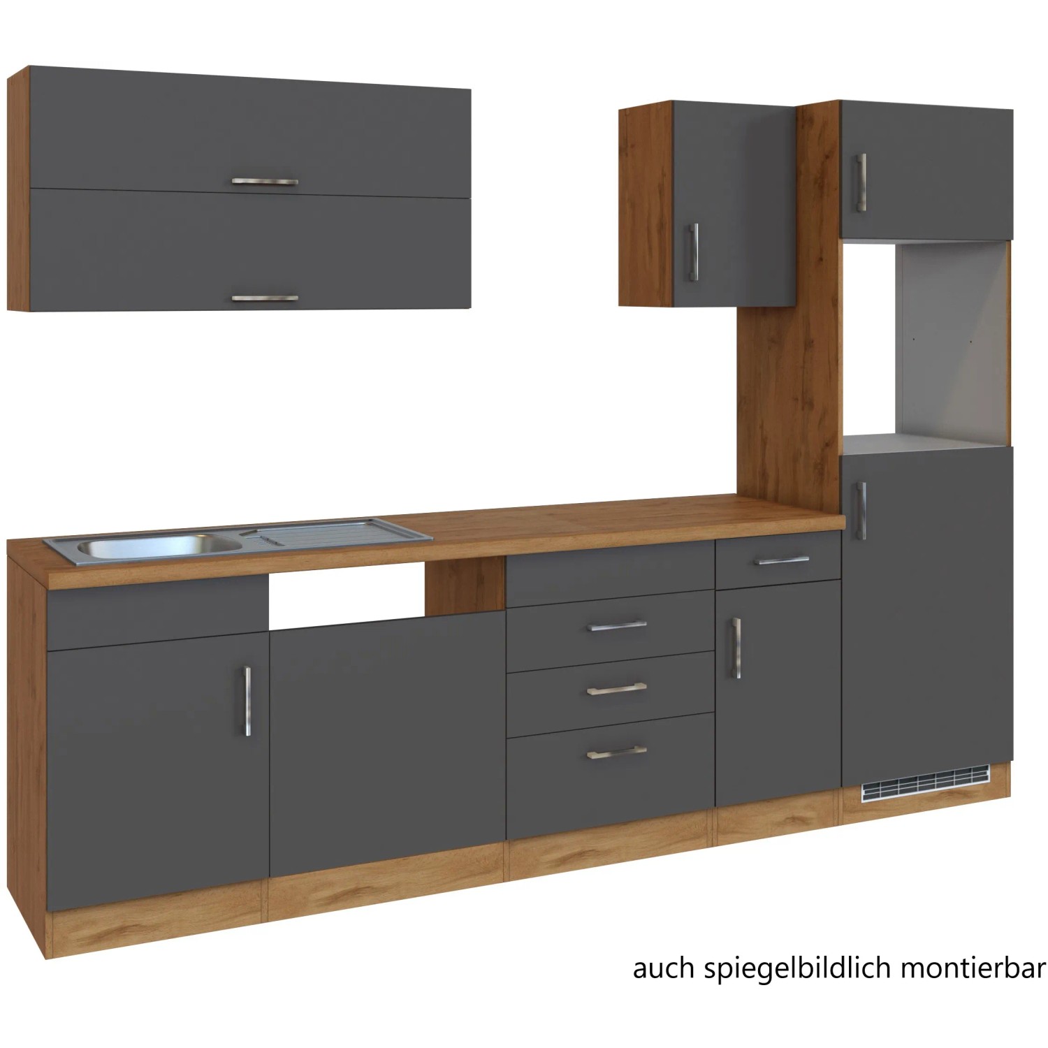 Moderne Held Möbel Küchenzeile Sorrento, 270 cm, Anthrazit-Wotaneiche, ohne Geräte.