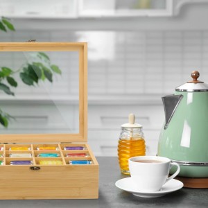 Relaxdays Teebox Bambus Natur Mit 12 Fächern Staubgeschützt 11 cm x 32 cm x 28 cm 1,6 kg