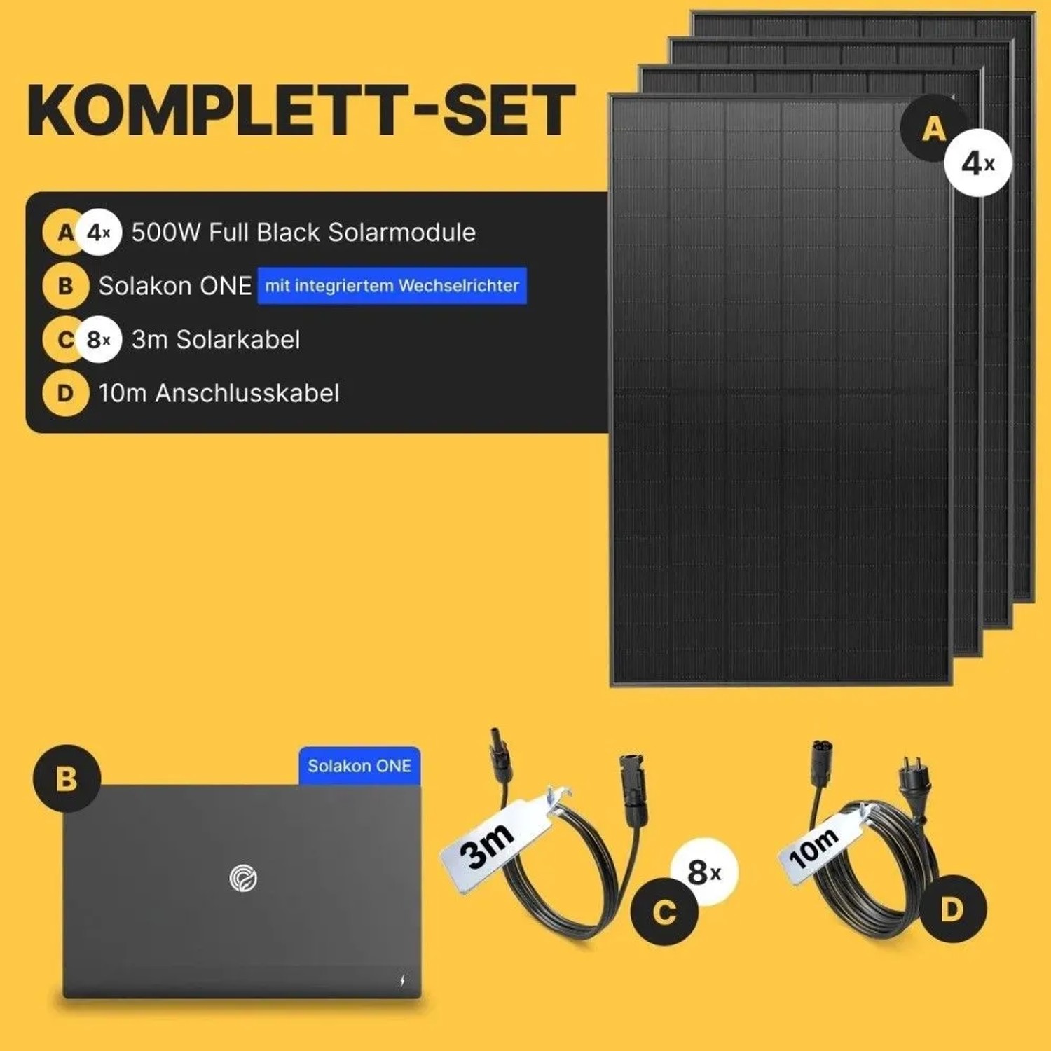 Solakon Balkonkraftwerk Komplettset: 4x 500W Solarmodule, Speicher, 800W Wechselrichter, Kabel. Photovoltaik Anlage.