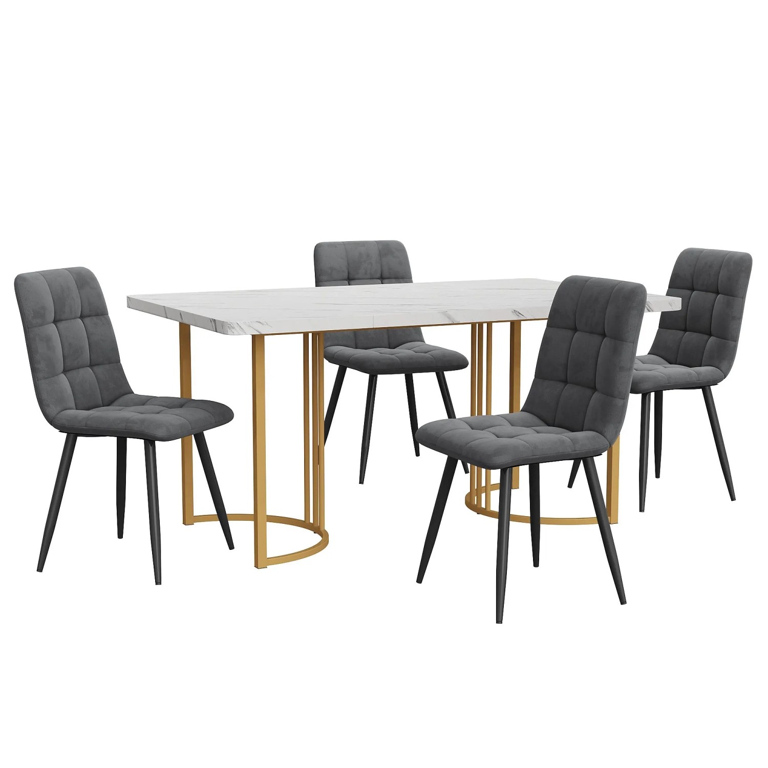 Merax Essgruppe 5-tlg mit 140x80cm Esstisch  4 Samtstühle Dunkelgrau  MDF Weiß  Goldbeine