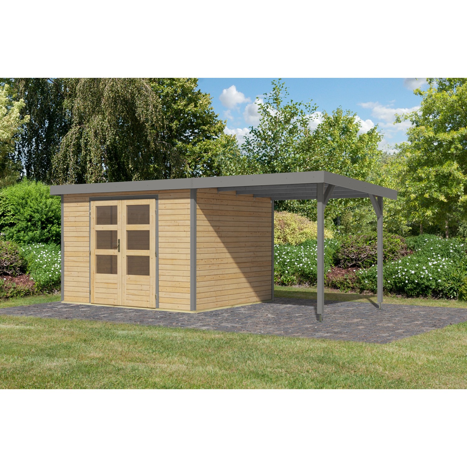 Karibu Gartenhaus Ernesto 5 A m. Anbaudach Natur/Grau 209 x 298 x 242 cm günstig online kaufen