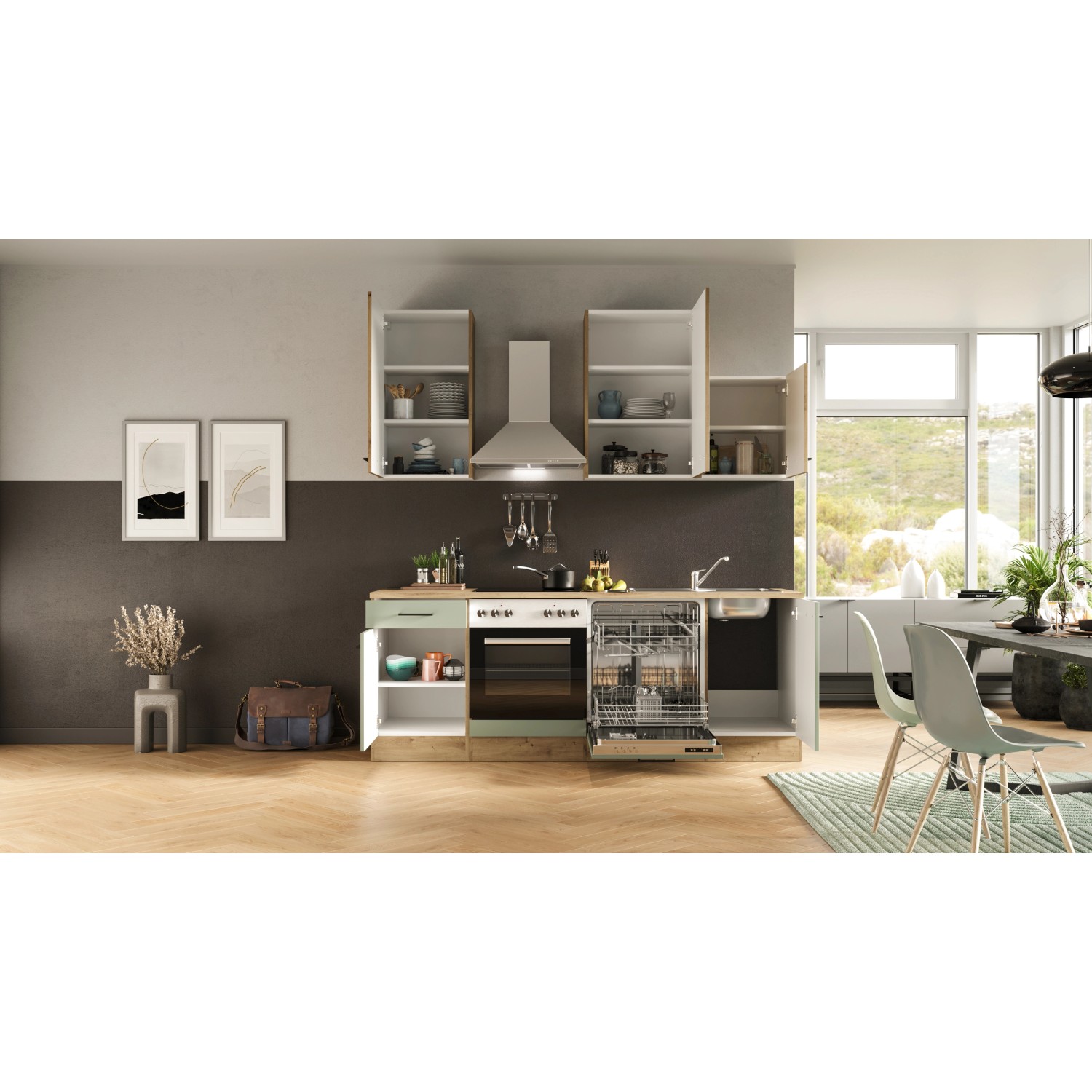 Flex-Well Küche Cara, 220 cm, schilfgrün/Artisan Eiche, mit E-Geräten und Spüle.
