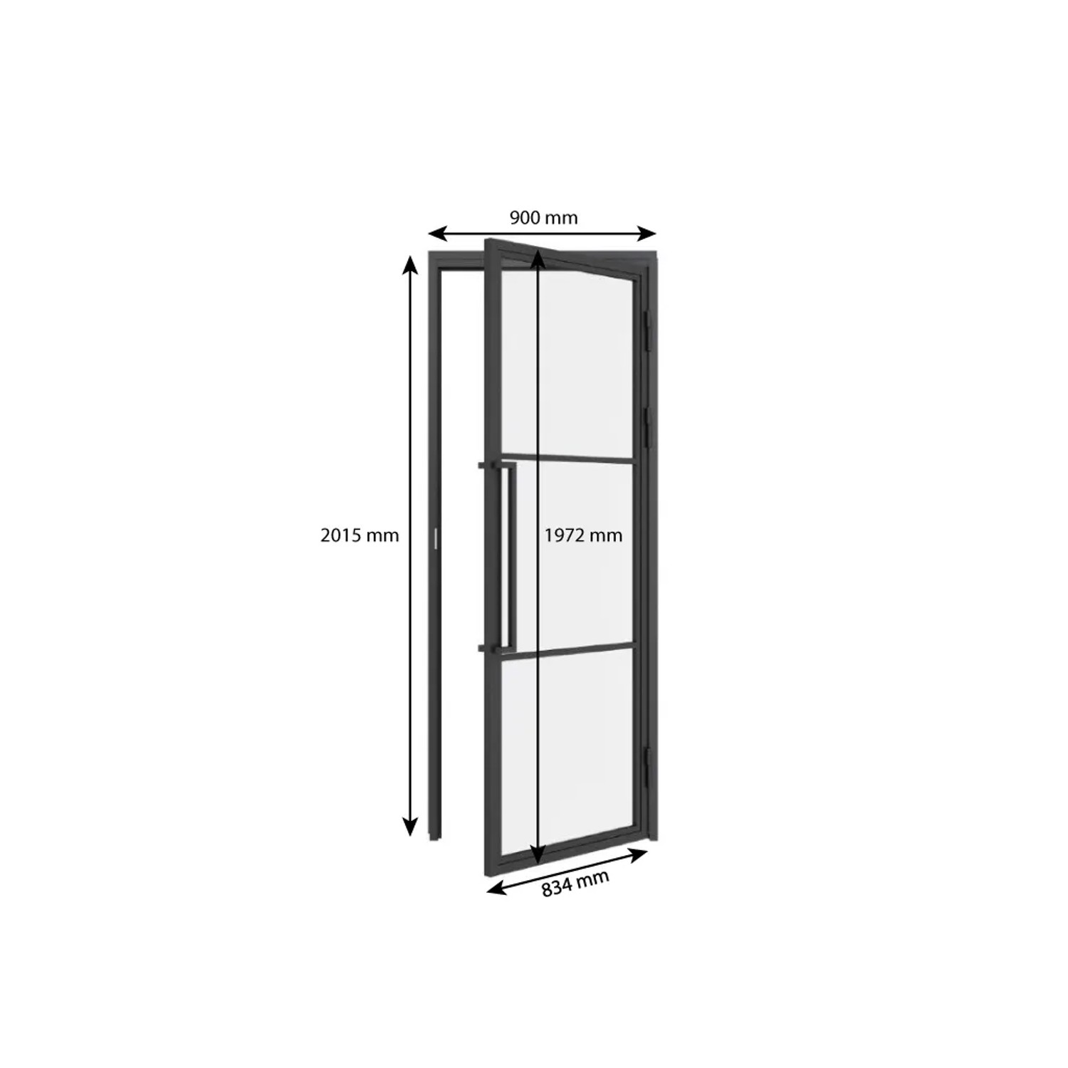 inova Loft Glastür Komplettset mit Stahlzarge, Griffstange und Maßen.