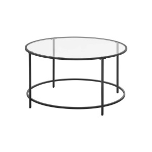 Vasagle Couchtisch mit Glasplatte, Ø 84 cm, schwarzer Stahlrahmen.