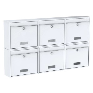 Basi Briefkasten Set, 6 weiße Stahl-Briefkästen für Mehrfamilienhäuser.