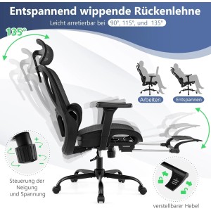 Costway Bürostuhl Schwarz: Ergonomischer Stuhl mit verstellbarer Lendenstütze, Kopfstütze und Fußstütze.