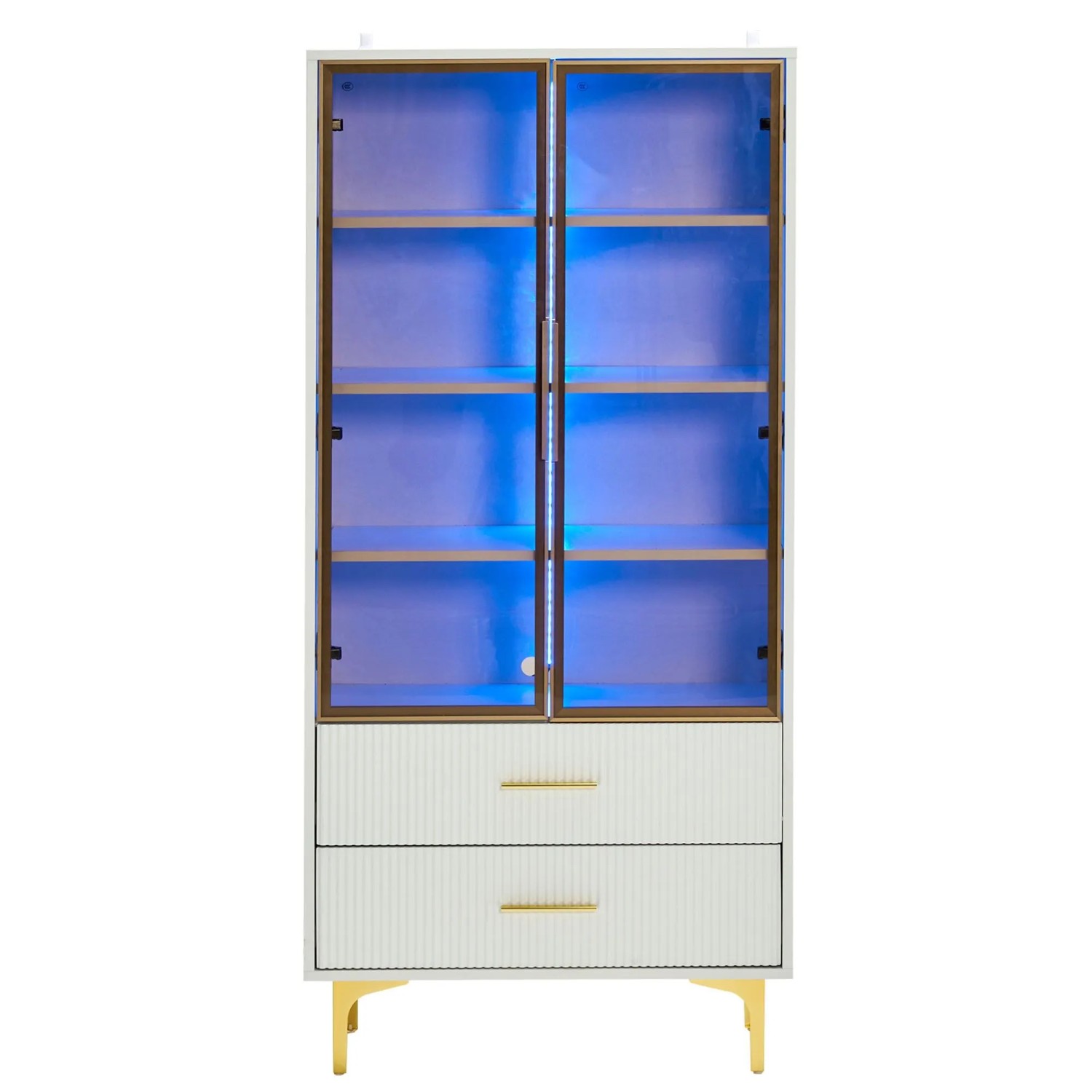 ModernLuxe Vitrine mit 2 Glastüren Goldfüßen Verstellbaren Ablagen Led Spanplatte Weiß