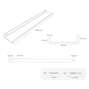 Technische Zeichnung: HEVVA Regalleiste MARSEILLE, 60 cm, weiß, mit Maßen und Befestigungsmaterial.