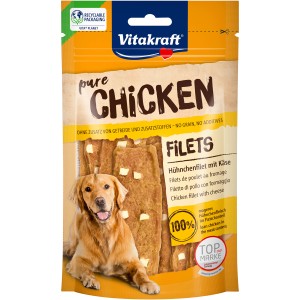 Vitakraft Pure Hühnchenfilet mit Käse, 80g, für Hunde. Hunde-Kaustreifen mit Hühnchen und Käsestückchen.