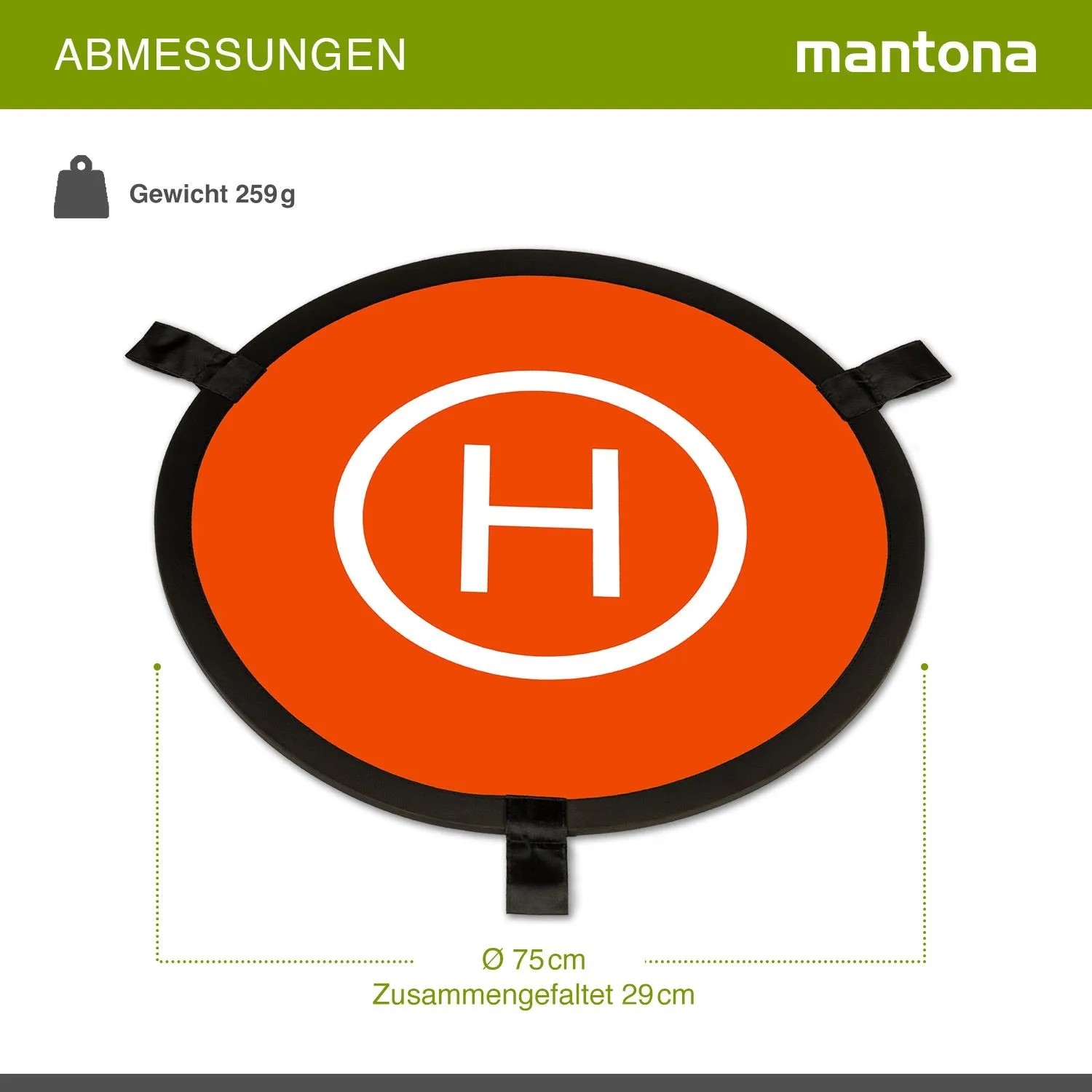 Mantona Drohnen-Landeplatz, orange-schwarz, faltbar, Ø 75 cm, mit weißem H-Symbol. Ideal für Kameradrohnen.