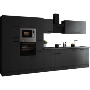 Respekta Küchenzeile Oliver 370 cm Grau Matt mit E-Geräten und Spüle.