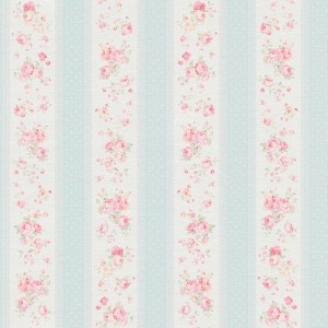 Romantische Vliestapete mit Rosen, Streifen und Punkten in Hellblau und Rosa für Landhausstil.