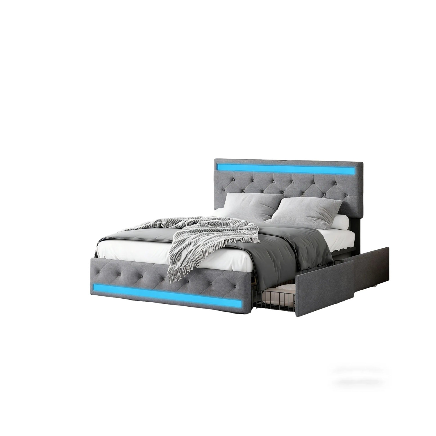 PXloue Doppelbett Polsterbett 160x200 mit  LED-Beleuchtung Ladefunktion und 4 Schubladen Grau