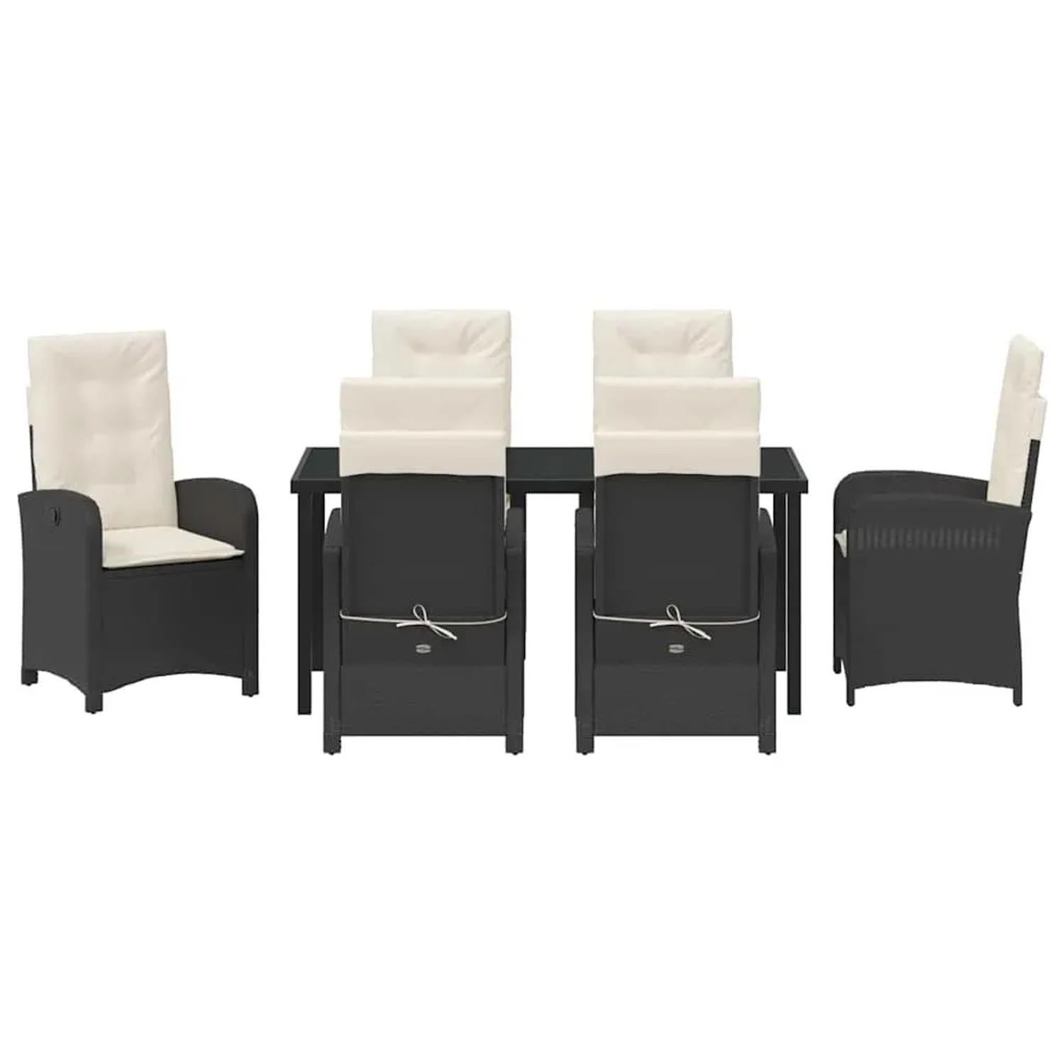 Schwarze 7-tlg. vidaXL Garten Essgruppe aus Poly Rattan mit Tisch und Stühlen.