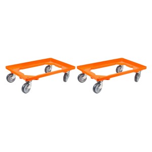 Sparset: Zwei orangefarbene PROREGAL Transportroller für Euroboxen (60x40 cm) mit Gummirädern.