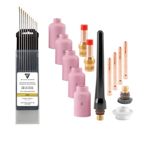 STAHLWERK WIG Zubehör Set, 24-teilig: Gasdüsen, Spannhülsen, Gaslinsen und Wolframelektroden.