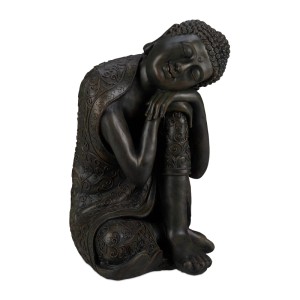 Relaxdays Buddha Figur Polyresin Dunkelgrau Geneigter Kopf Wetterfest Frostsicher 60 cm x 35 cm x 35 cm 9,5 kg