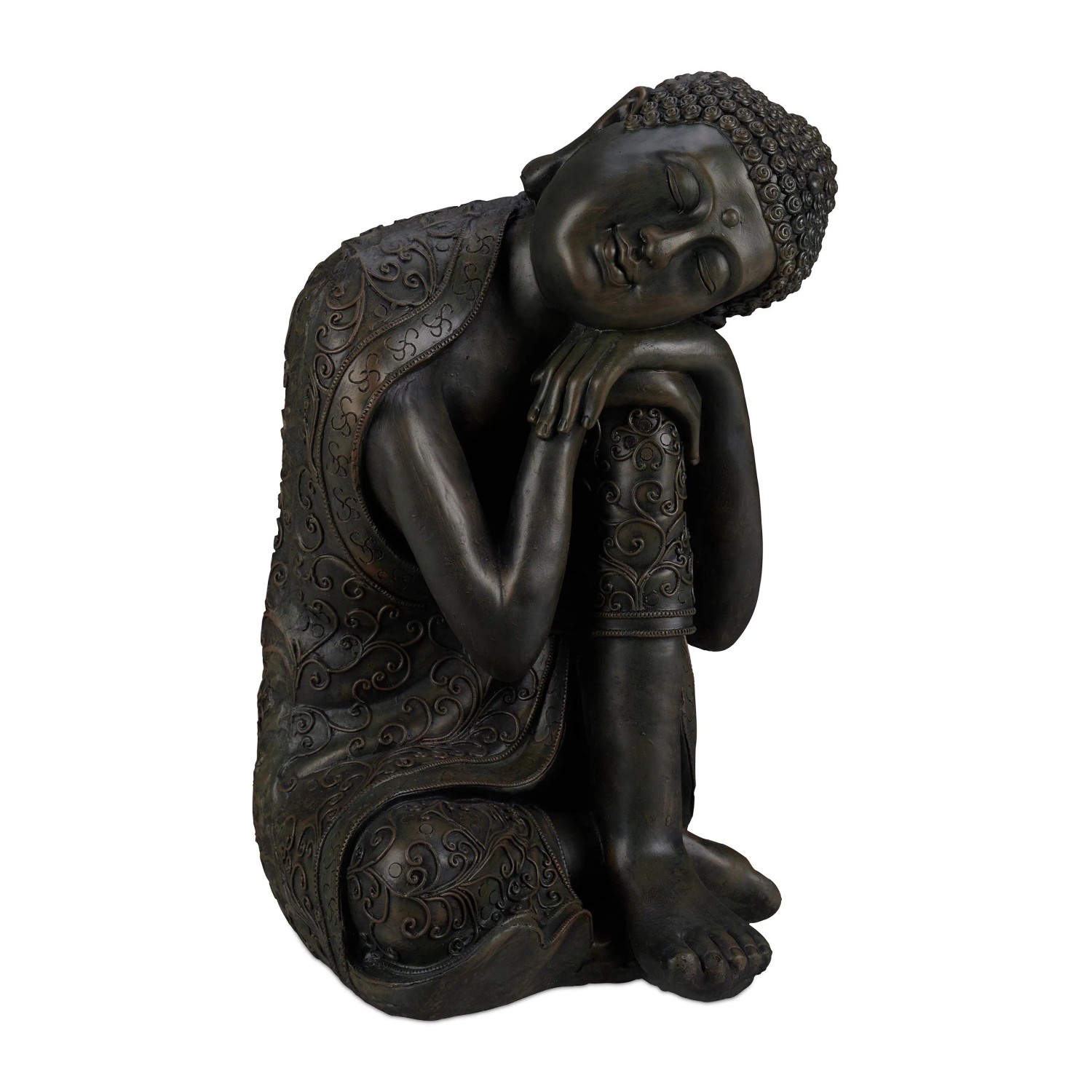 Relaxdays Buddha Figur Polyresin Dunkelgrau Geneigter Kopf Wetterfest Frostsicher 60 cm x 35 cm x 35 cm 9,5 kg
