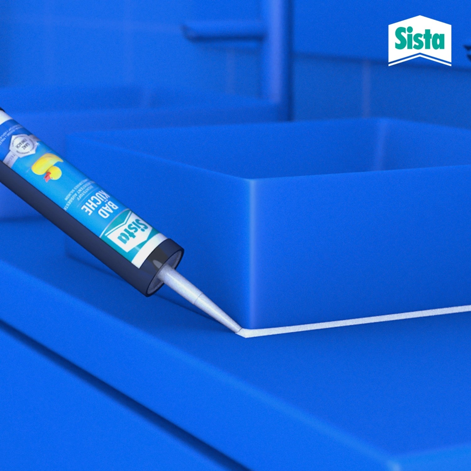 Sista Silikon Bad & Küche, graue Kartusche beim Abdichten einer blauen Oberfläche.