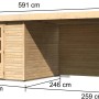 Karibu Holz-Gartenhaus Boras Natur, unbehandelt, mit Flachdach und Anbau. Abmessungen sind auf dem Bild dargestellt.