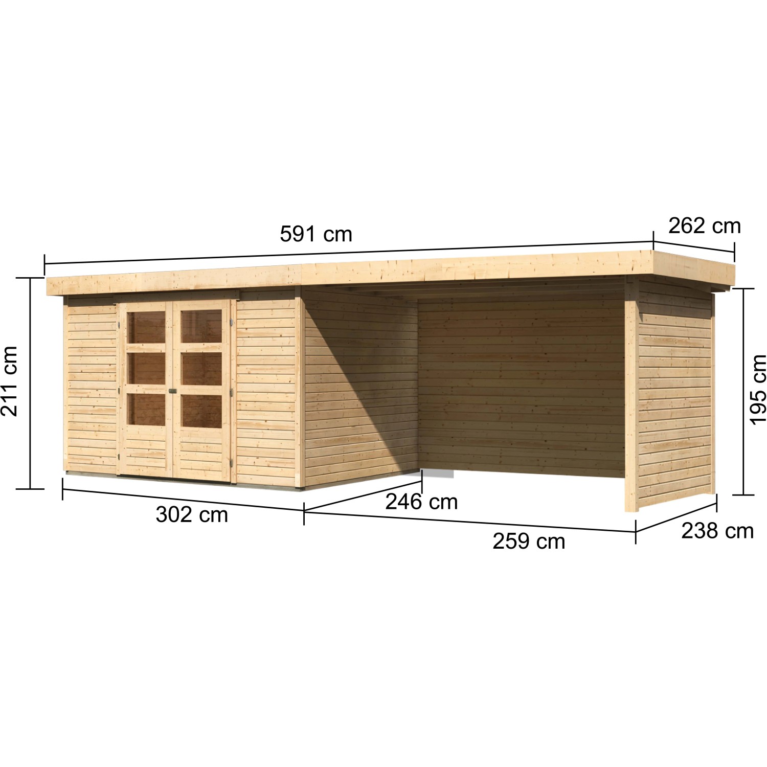 Karibu Holz-Gartenhaus Boras Natur, unbehandelt, mit Flachdach und Anbau. Abmessungen sind auf dem Bild dargestellt.