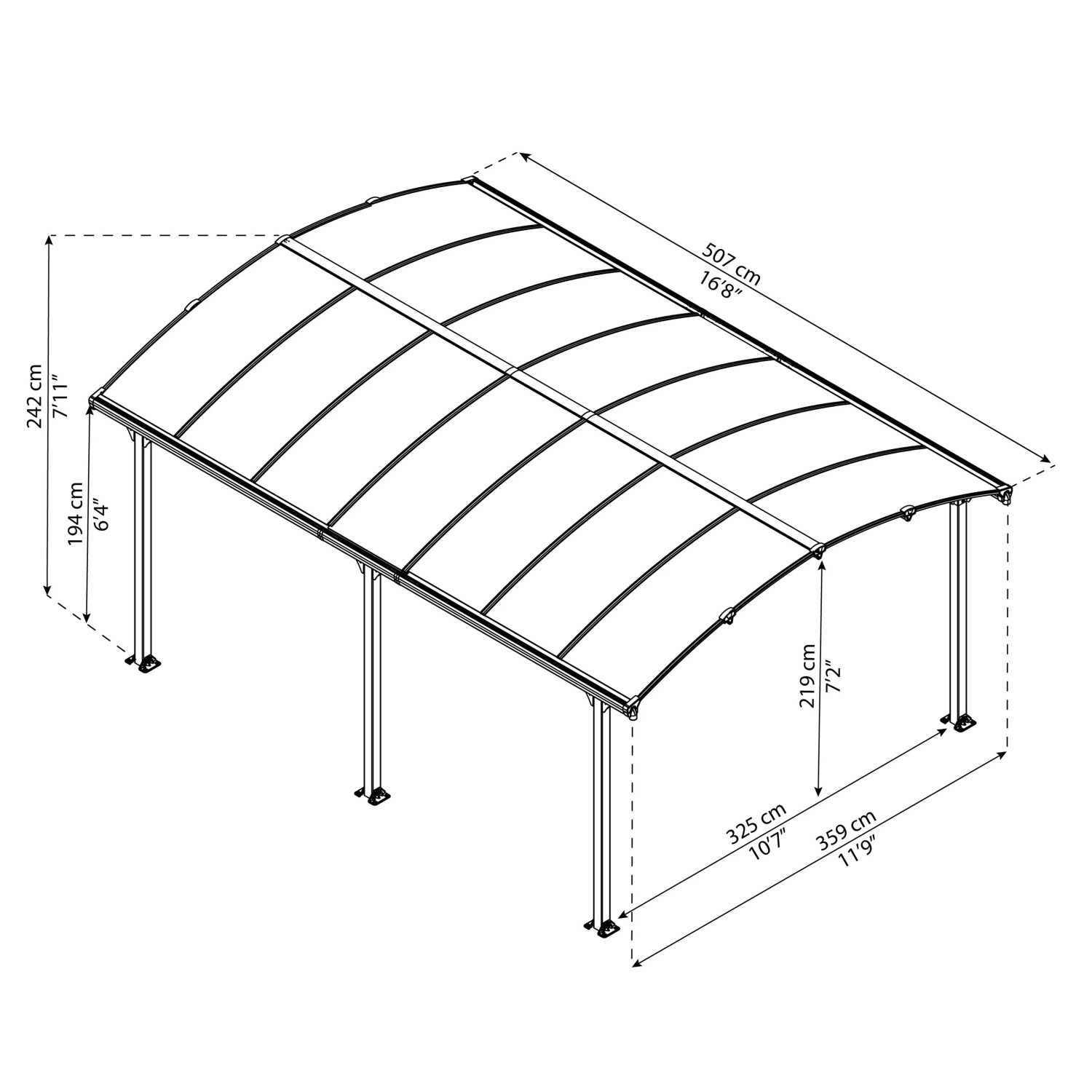 Canopia Carport Arcadia 5000 in Anthrazit, 360x510 cm, mit Maßangaben. Ideal als Unterstand.