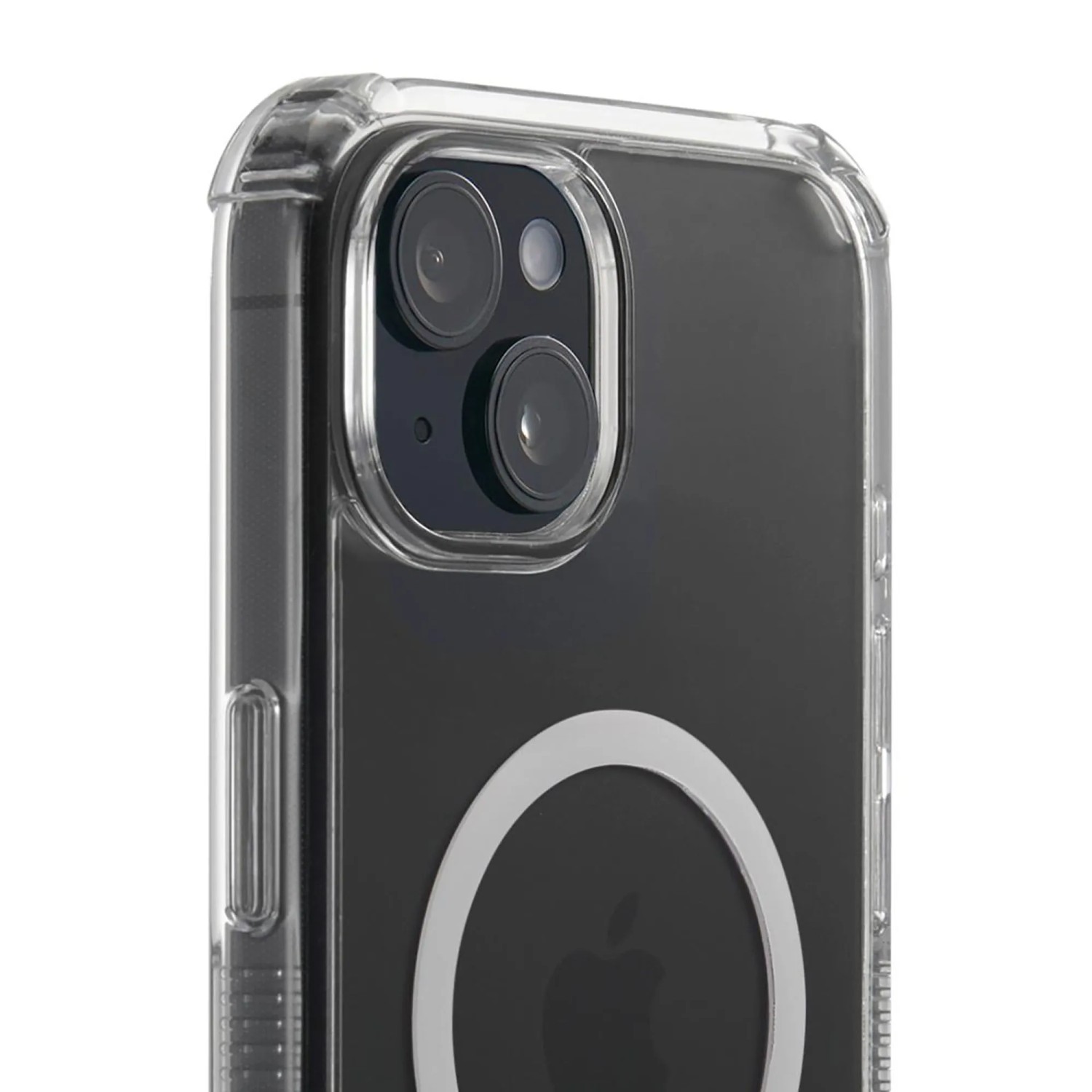 Transparente Hama MagCase Handyhülle für Apple iPhone 15 mit MagSafe Ring, Kameraschutz und verstärkten Ecken.