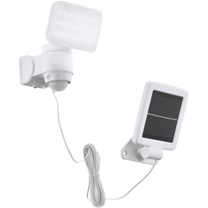 Weiße Eglo Solar-Außenwandleuchte mit Bewegungsmelder und Solarpanel.