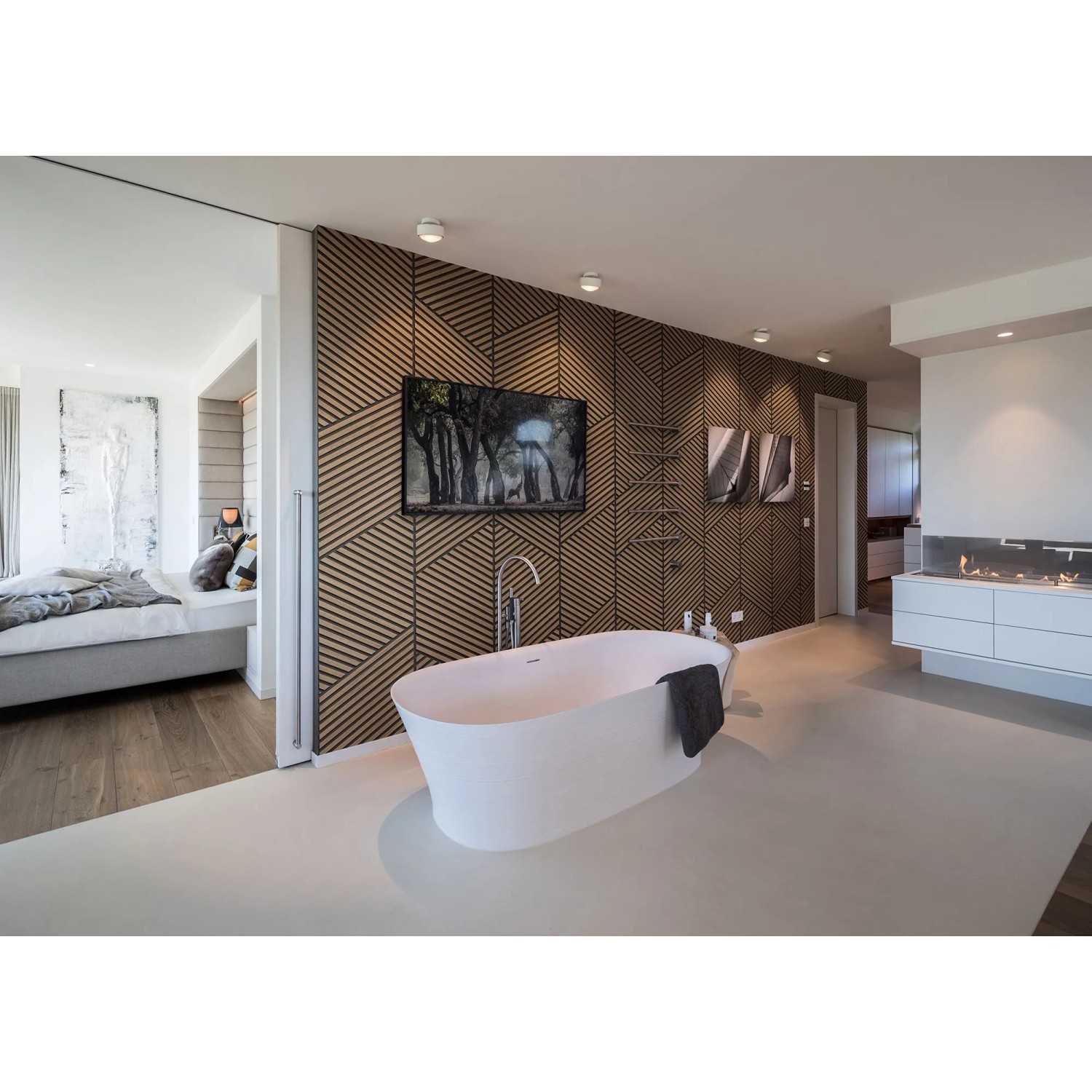 Badezimmer mit Grosfillex Wandpaneel Linio Graphic Light Oak in 3D Optik als Wandverkleidung.