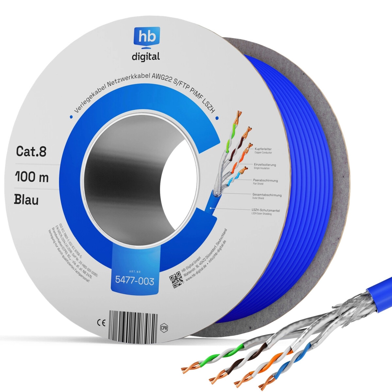 Thumbnail - hb-digital Netzwerkkabel CAT 8 max. 2000 MHz S/FTP AWG22 LSZH 100m blau