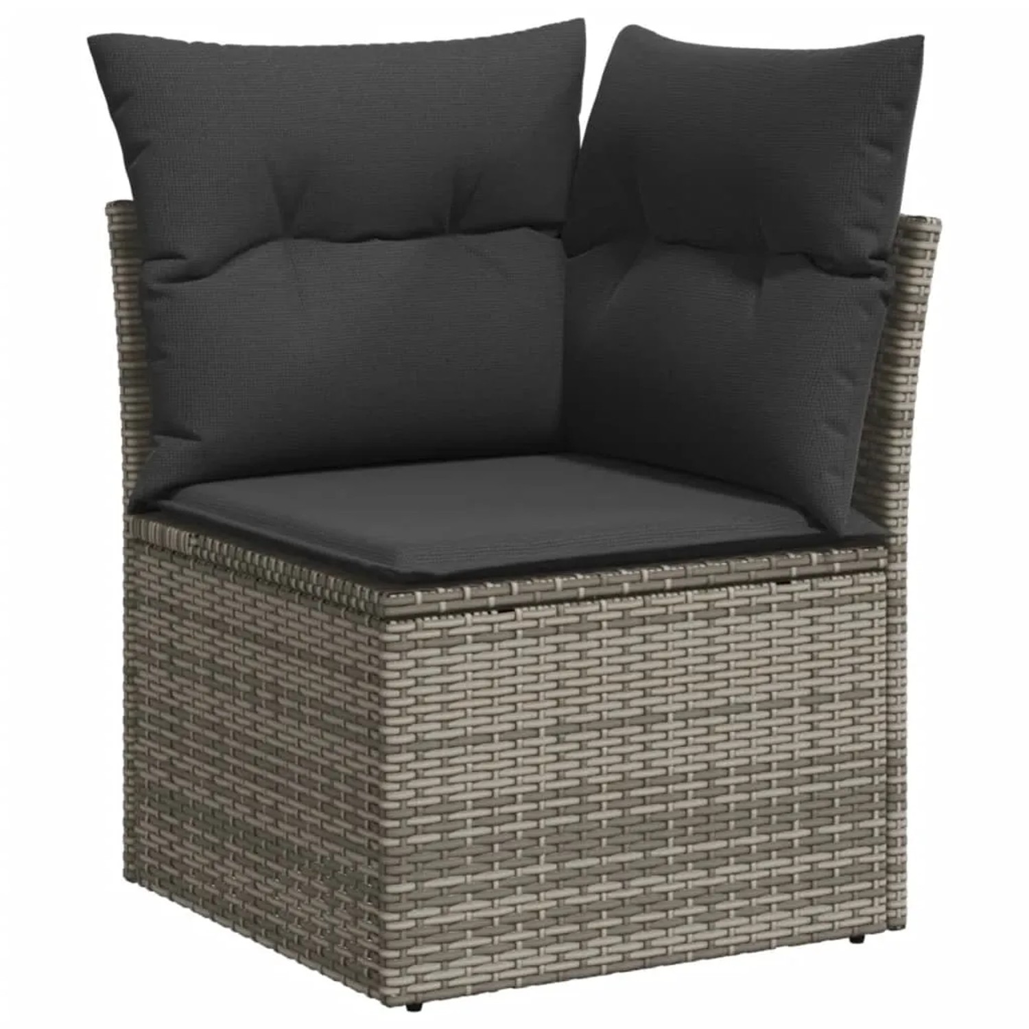 Graues vidaXL Garten Ecksofa aus Rattan mit dunklen Kissen, Teil der 11-tlg. Sofagarnitur.