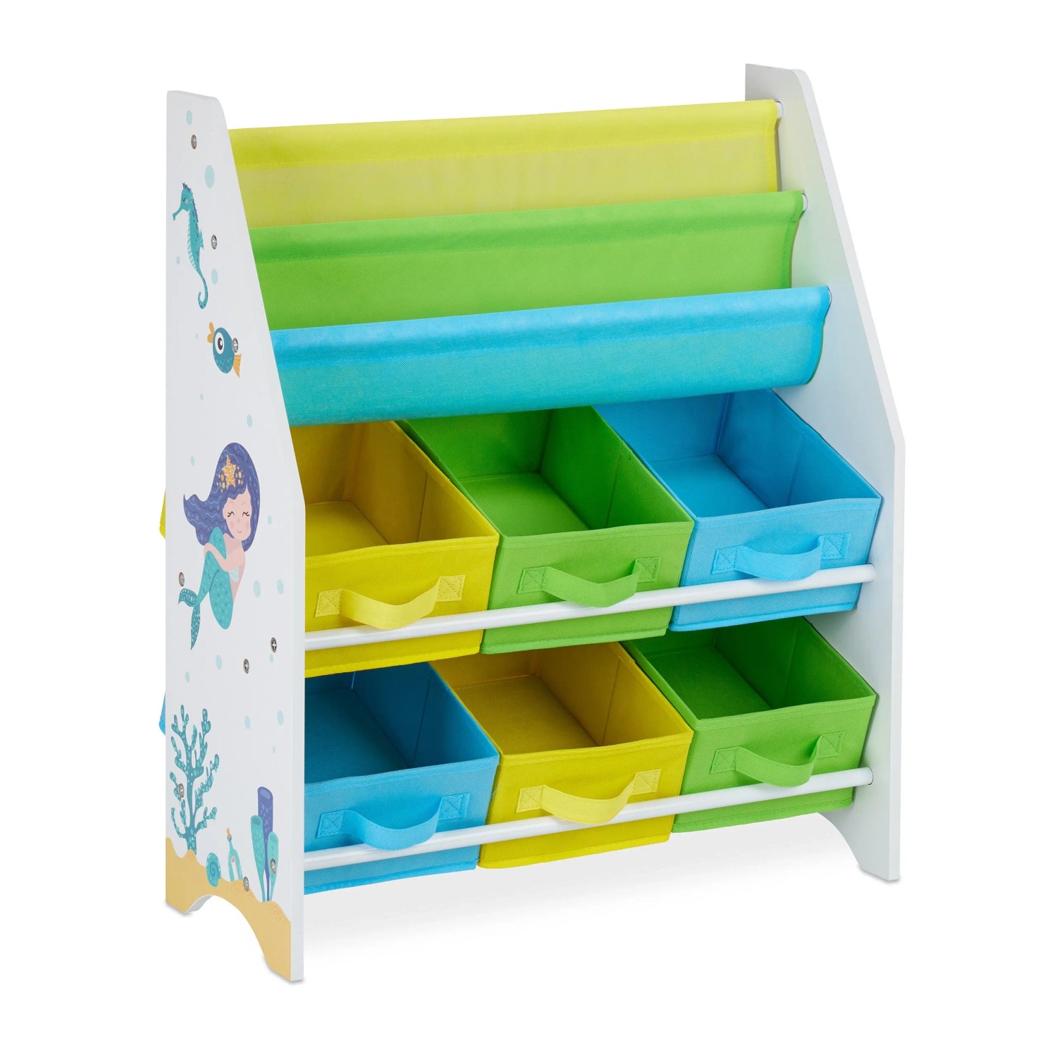 Relaxdays Kinderregal Spanplatte Stoff Metall Bunt Mit 6 Boxen und 2 Hängefächern 74 cm x 62 cm x 31,5 cm 5 kg
