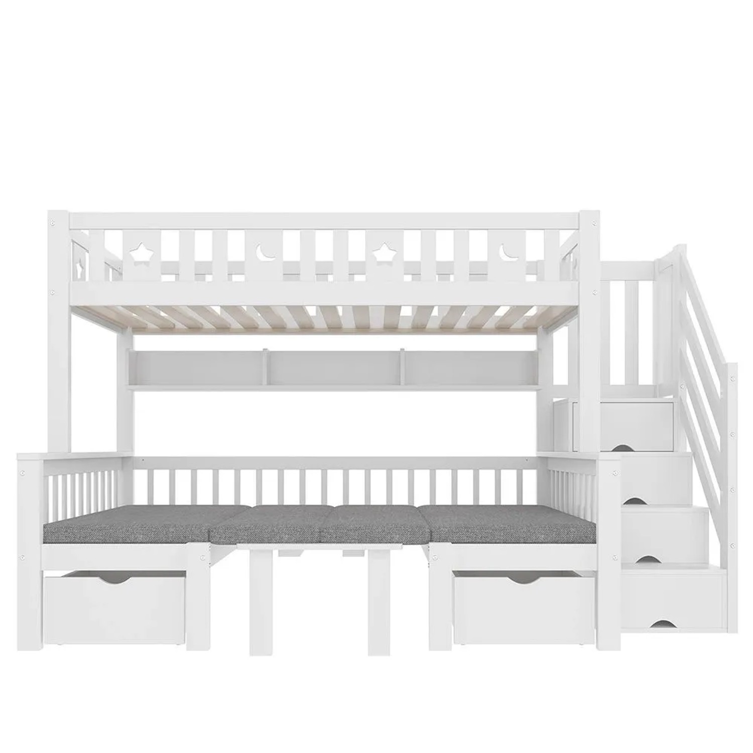 KOMHTOM Multifunktionales Hochbett  90 x 200 Cm  2-In-1-Bett Und Schreibtisch  Leiter Mit Stauraum  Dekoratives Geländer Mit Sternen Und Mond  Weiß