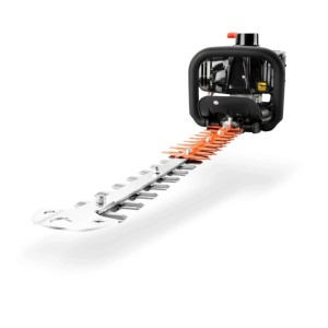 FUXTEC Benzin-Heckenschere FX-MH123ECO mit 60 cm Schwert. Silberne Messer, orange Schutz, schwarzer Motor. Ideal für Gartenarbeiten.