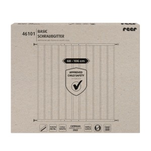 Verpackung des weißen Schraubgitters Simple-Lock, variabel einstellbar von 68-106 cm.