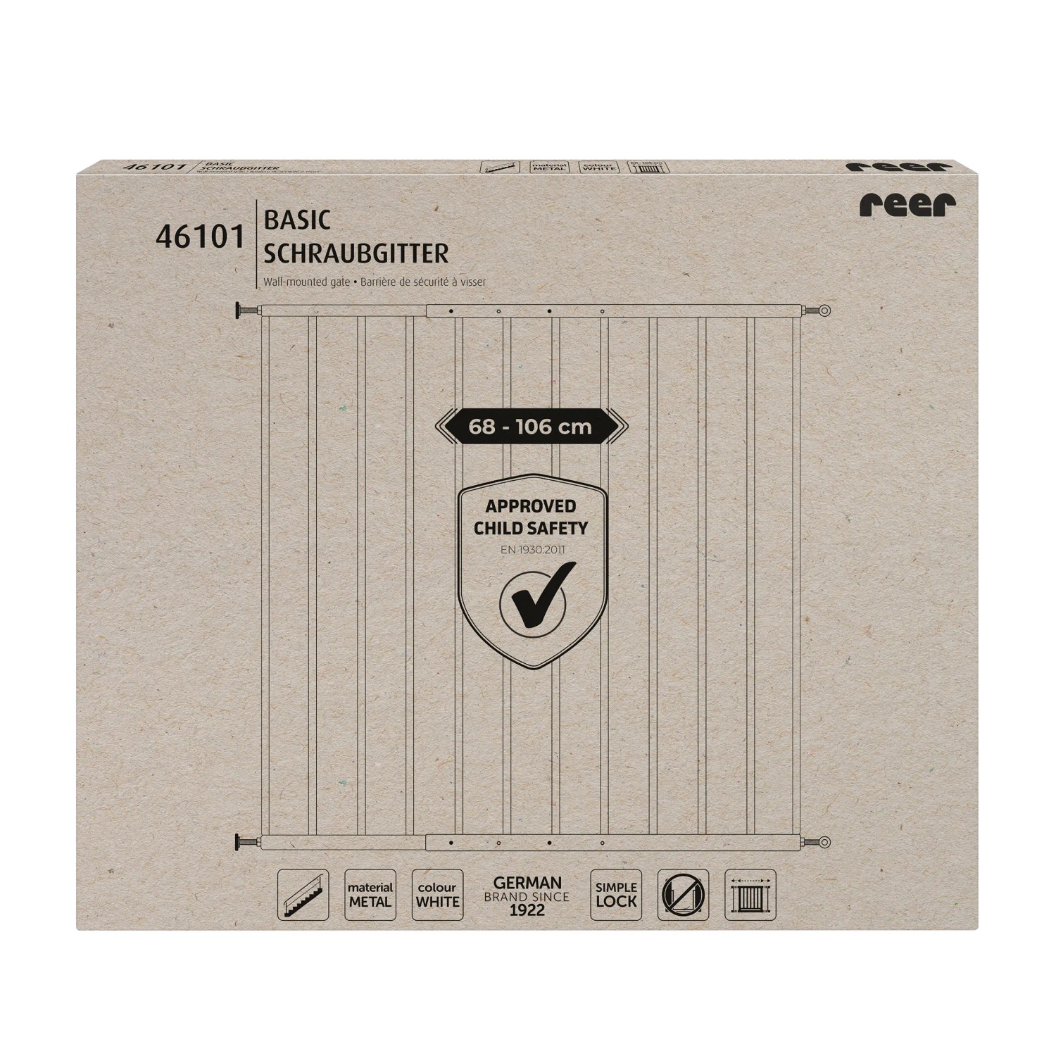 Verpackung des weißen Schraubgitters Simple-Lock, variabel einstellbar von 68-106 cm.